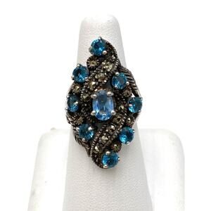 925 Ring Sterling Silver Blue Topaz Blue CZs Marcasites Vintage Chunky 7.5